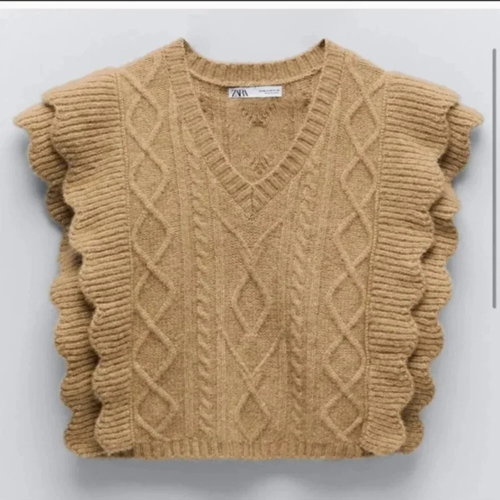 Zara  Cable Knit Ruffle Sweater Vest Alpaca Wool Blend Tan NWT Size Medium - Picture 5 of 10